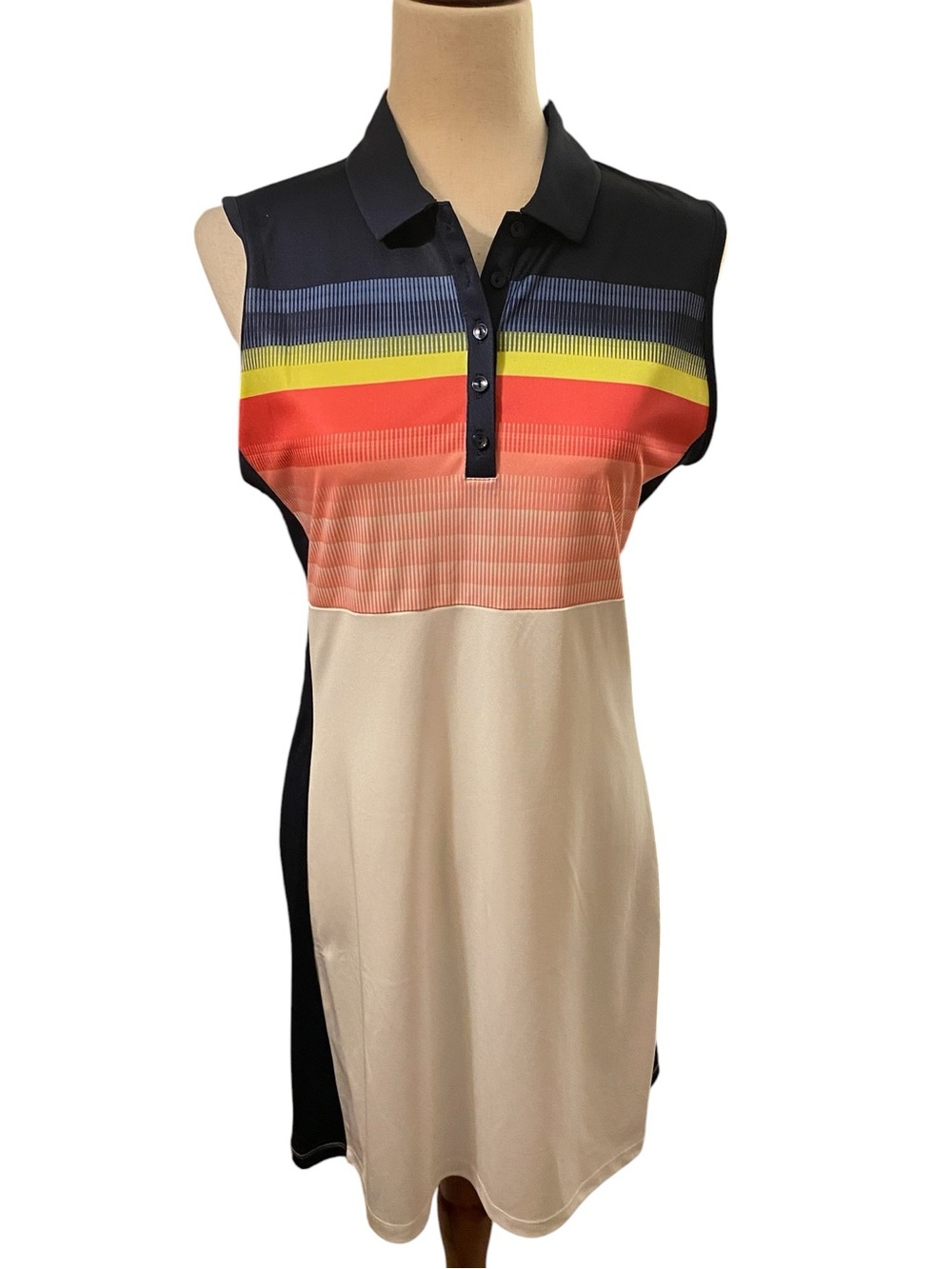 Callaway Sleeveless Polo Dress in Black& White with Colorful stripes. Size M